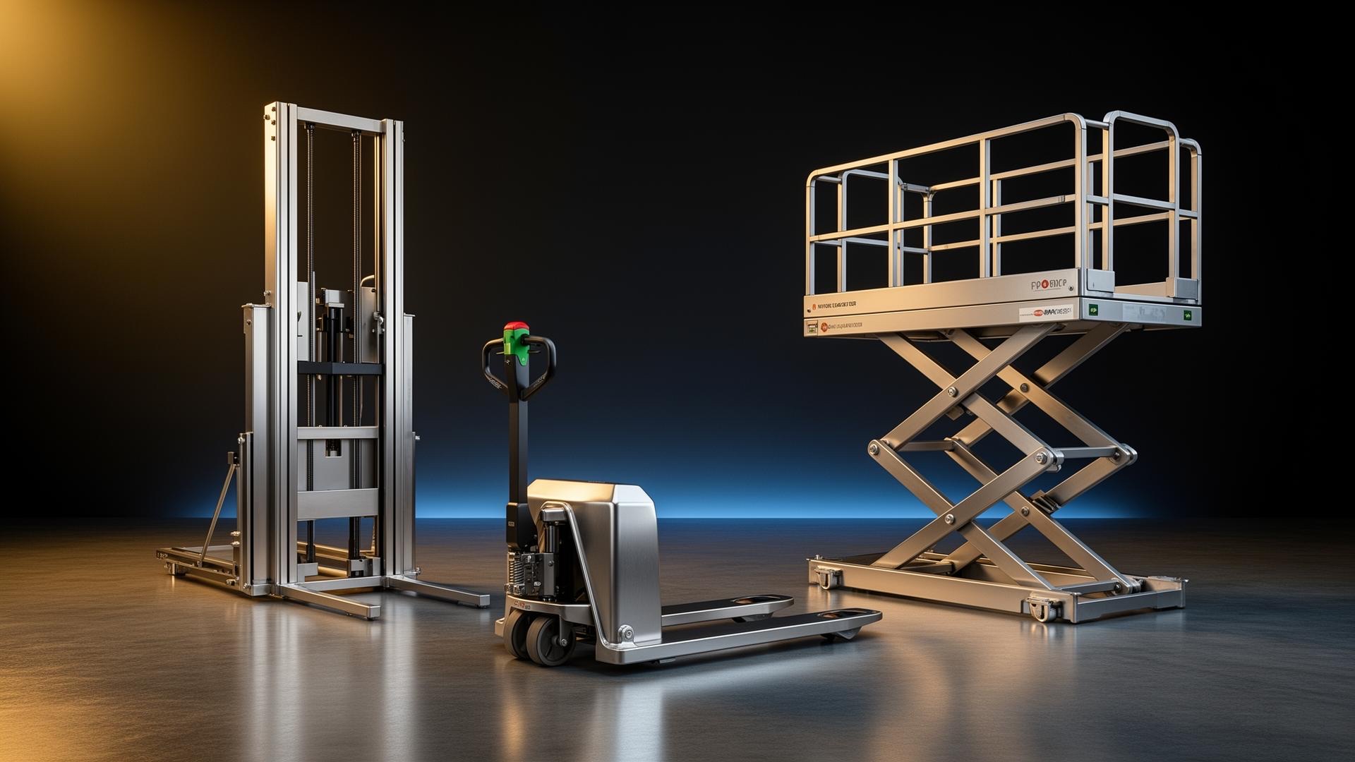 Three Jesterlift stainless cleanroom machines — a powered pallet truck, a manlift and a pallet inverter