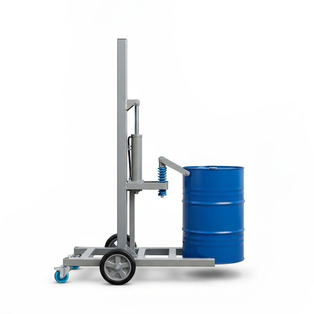 Jesterlift JL-DL DT300B low-profile drum lifter — side profile showing compact castor arrangement and hydraulic mast