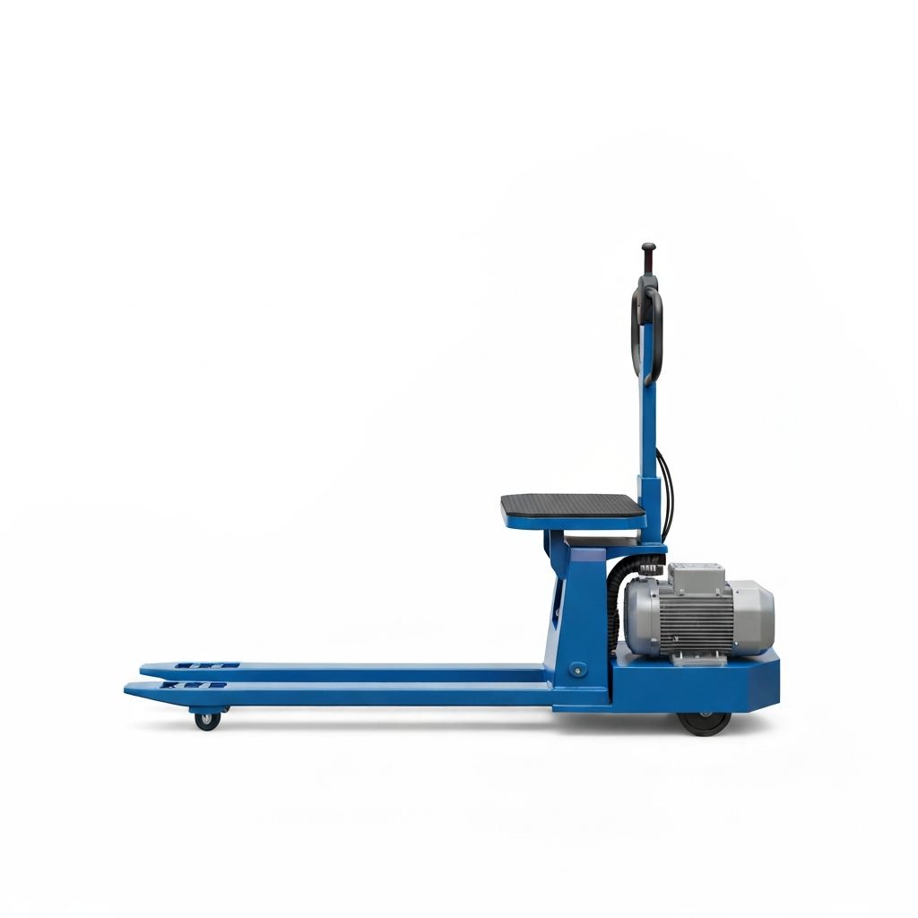 Jesterlift JL-RPT rider electric pallet truck — rear-quarter view showing operator fold-down platform and step area