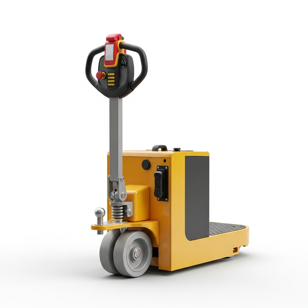 Jesterlift JL-ET pedestrian electric tug — operator side showing control handle and integrated charger