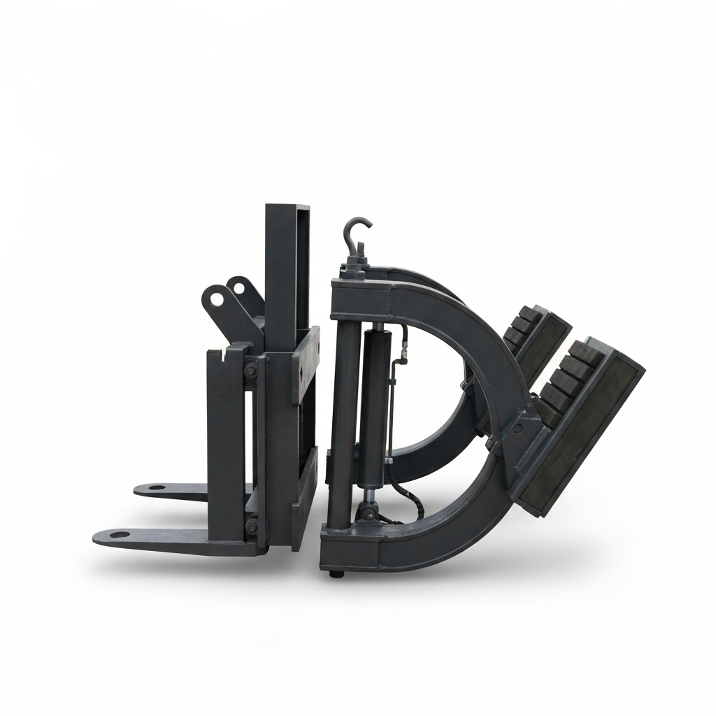Jesterlift JL-RC paper roll clamp — clamp arms open showing padded contact surfaces and rotation cylinder