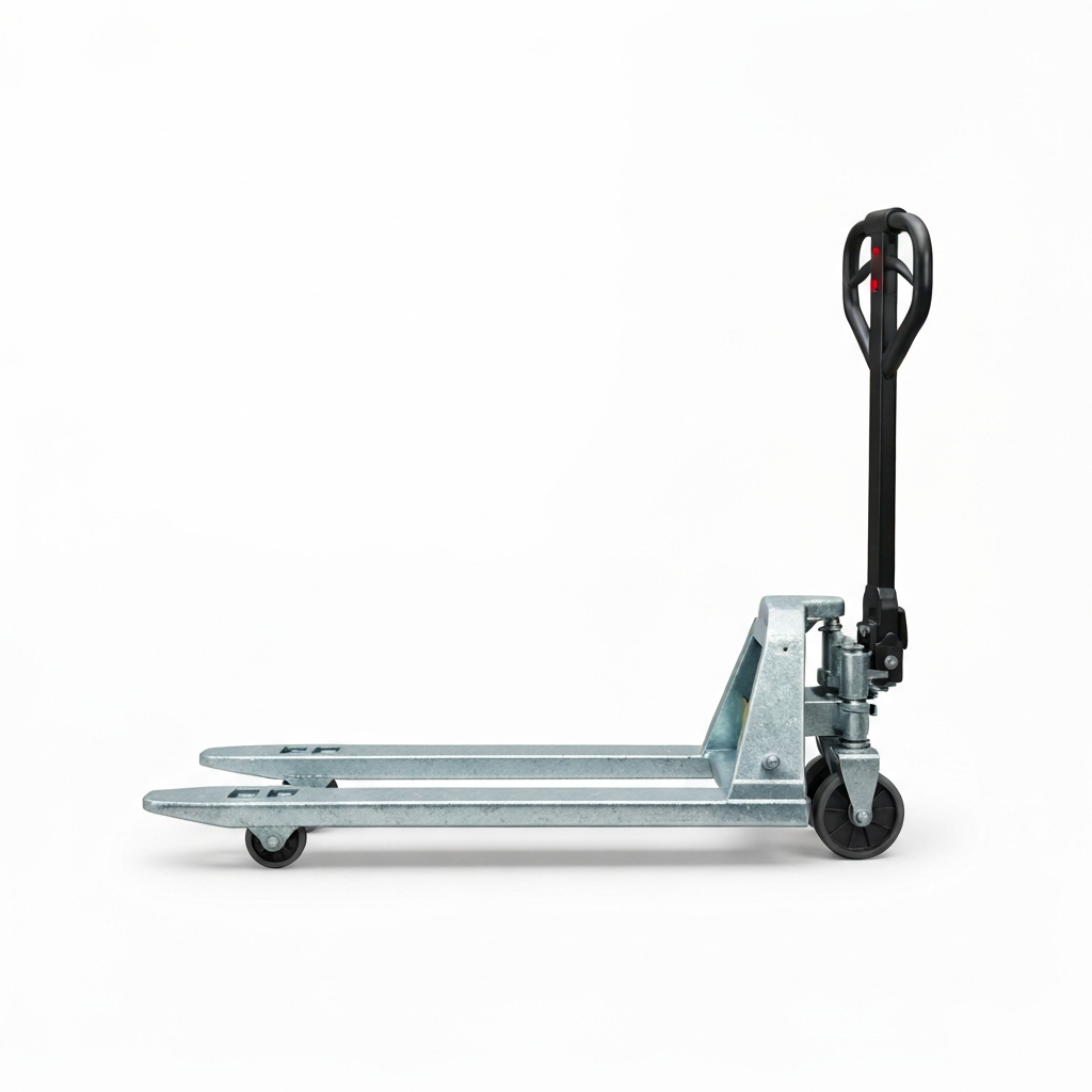 Jesterlift JL-GPT galvanized hand pallet truck — close-up of galvanized pump body and fork weld area