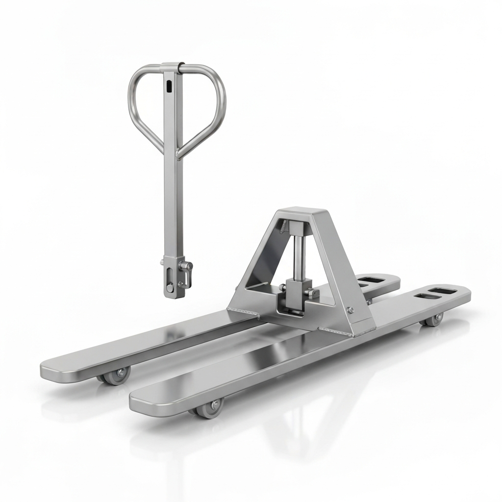 Jesterlift JL-SST stainless steel hand pallet truck — close-up of brushed 304 stainless pump body and fork weld area