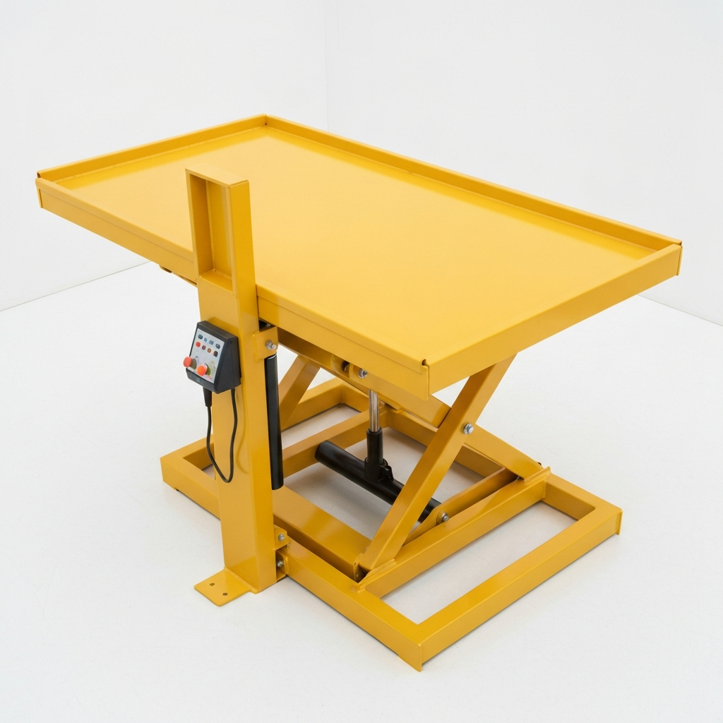 Jesterlift JL-ELT electric scissor lift table — raised to full height with double scissor extended