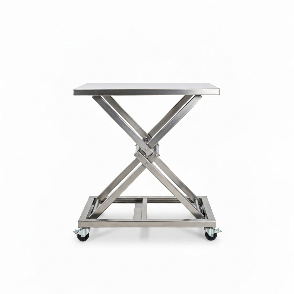 Jesterlift JL-SLT stainless steel lift table — side profile showing stainless scissor mechanism