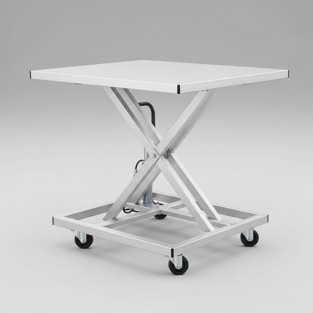 Jesterlift JL-MSL mobile scissor lift table — raised to full height showing extended scissor linkage