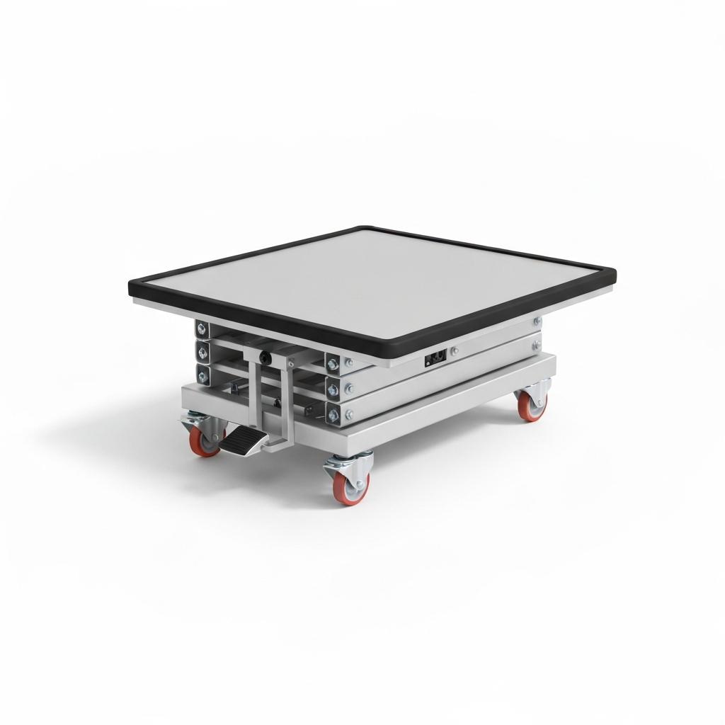 Jesterlift JL-MSL mobile scissor lift table — lowered flat position showing platform surface and casters