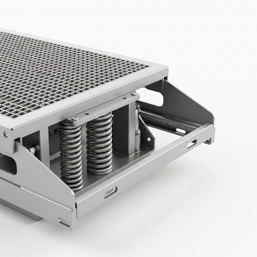 Jesterlift JL-PP pallet positioner — close-up of spring mechanism and grate platform deck
