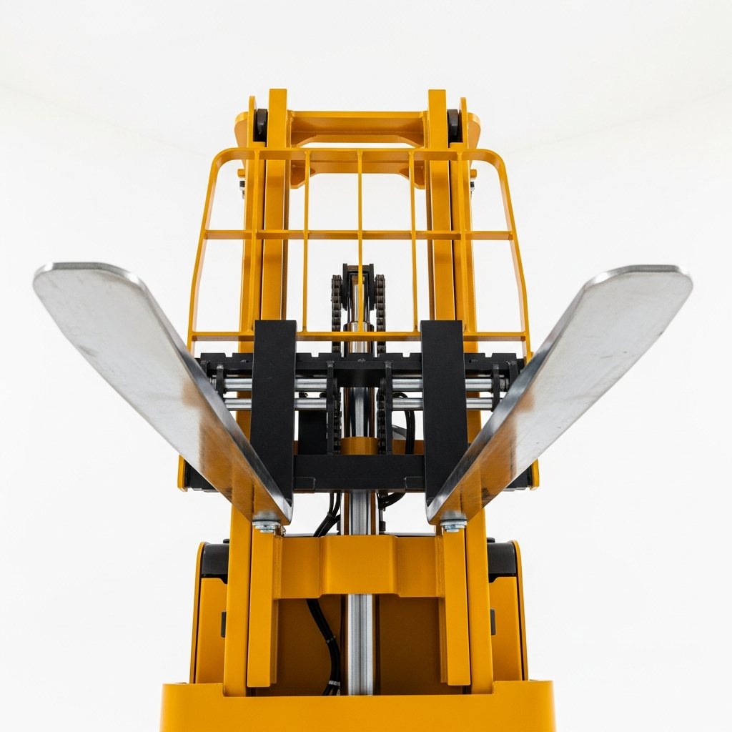 Jesterlift JL-CBS counterbalance stacker — front view of fork carriage and mast uprights