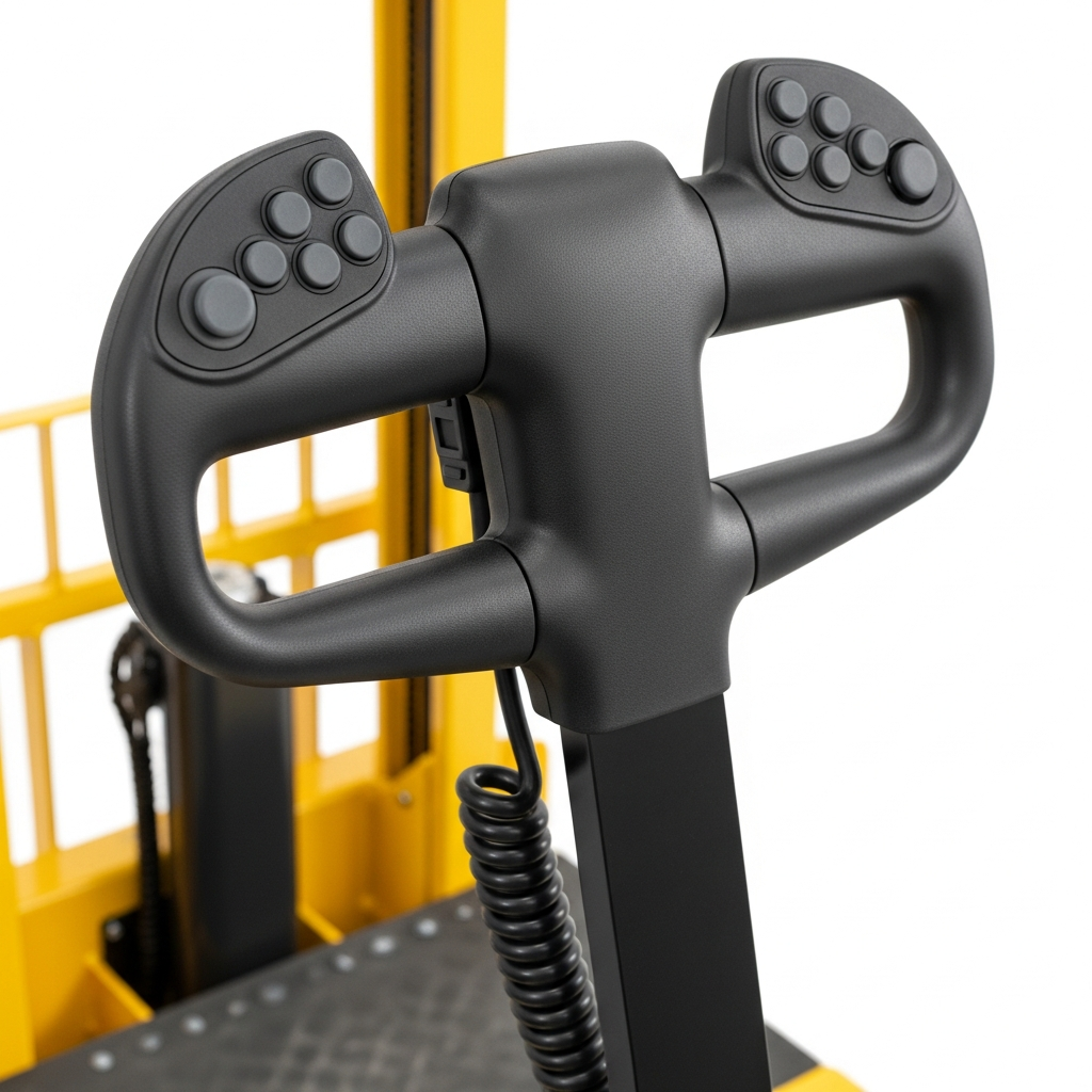 Jesterlift JL-EST full-electric walkie stacker — close-up of tiller handle and drive controls