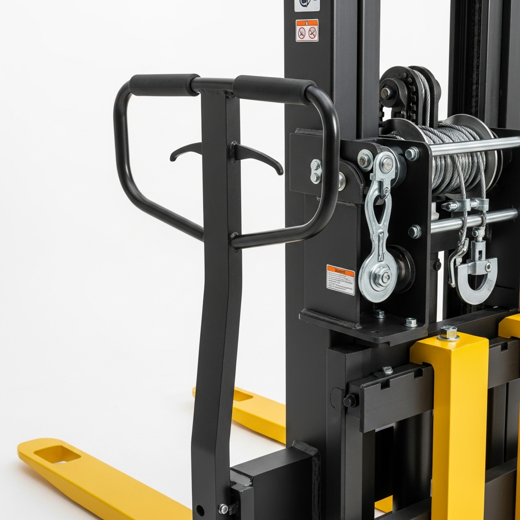 Jesterlift JL-MST manual stacker — close-up of hand winch mechanism and fork carriage
