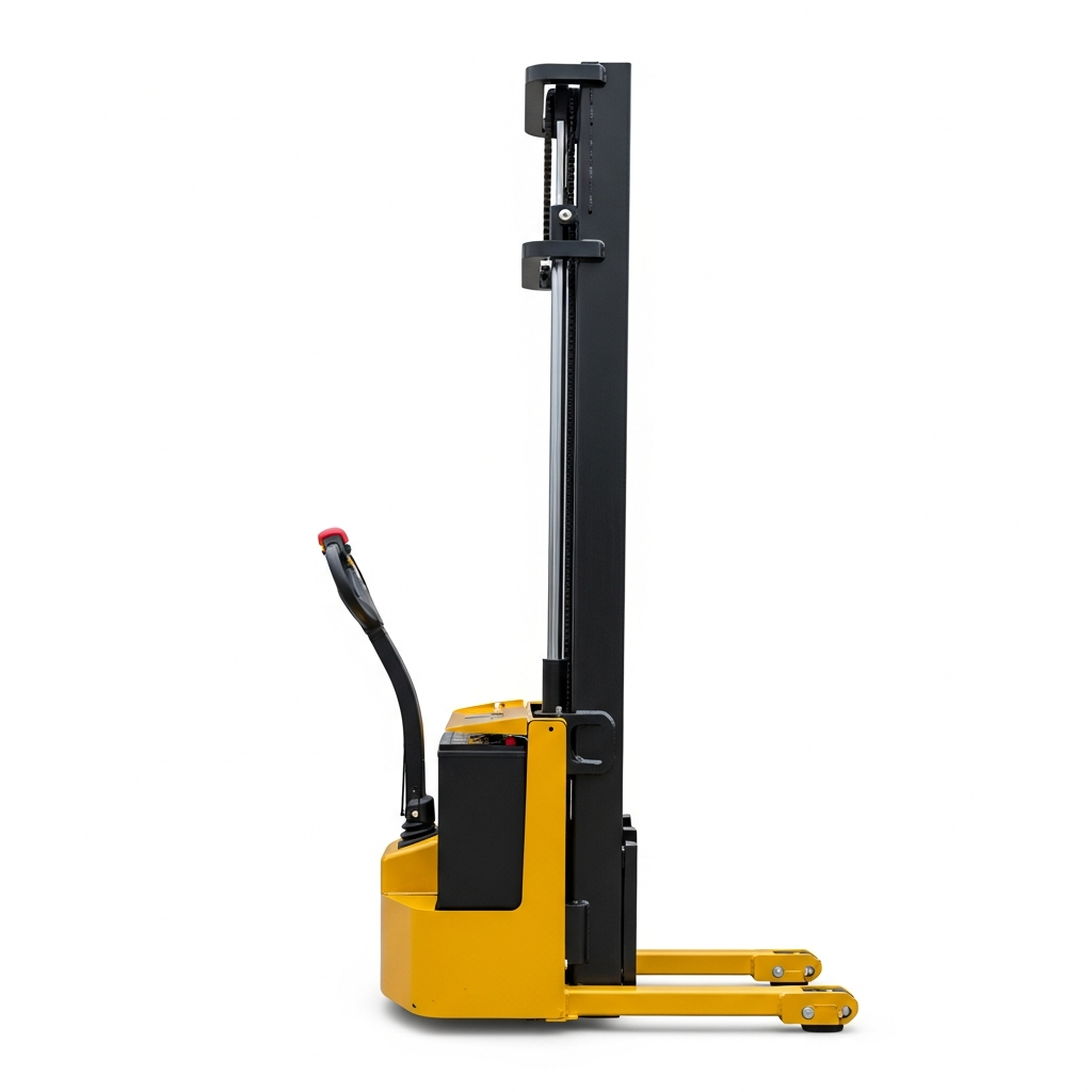 Jesterlift JL-SES semi-electric stacker — side profile showing full mast height and straddle leg span