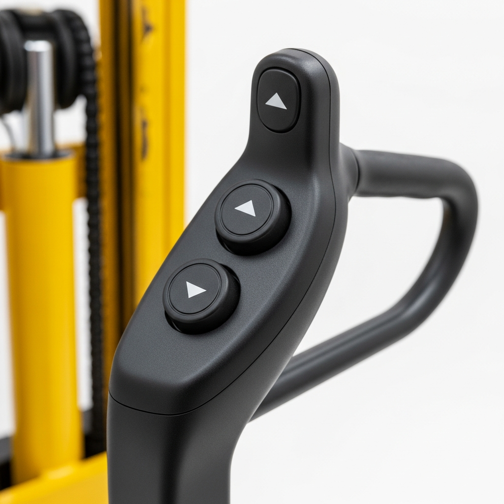 Jesterlift JL-SES semi-electric stacker — close-up of tiller handle and thumb lift controls
