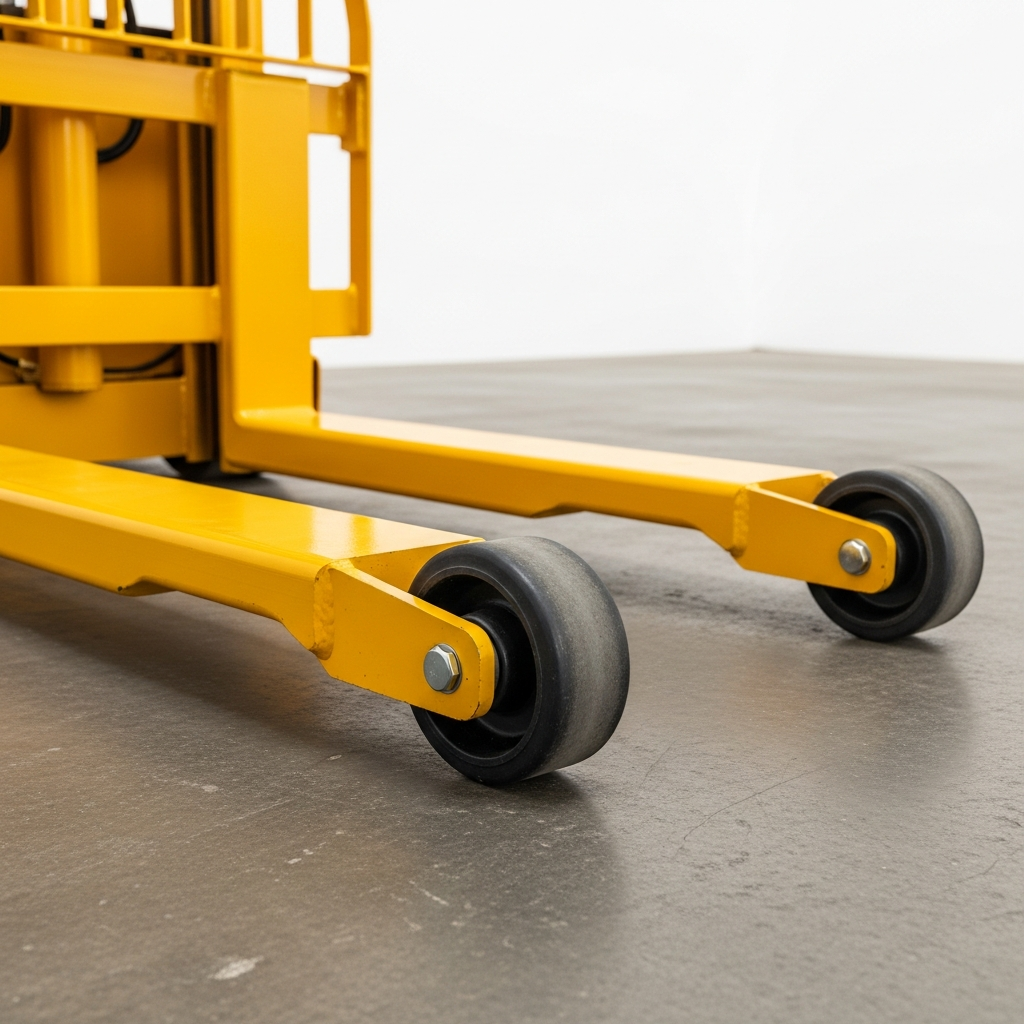 Jesterlift JL-SRS straddle reach stacker — close-up of adjustable straddle outrigger legs and load rollers